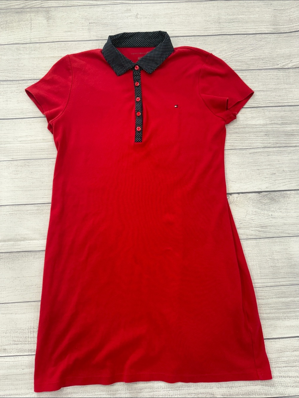 Tommy Hilfiger Red Polo Dress Black Polka Dot Collar Short Sleeve Medium